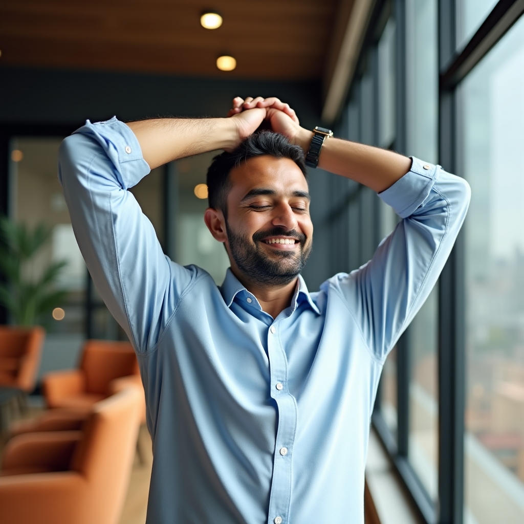 Person stretching arms overhead near a bright office window
