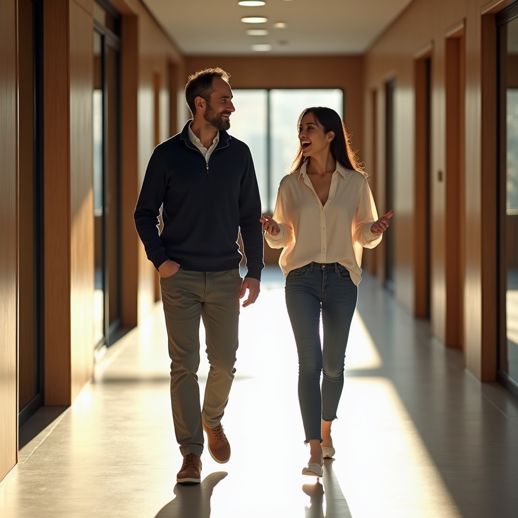 Two colleagues having a walking conversation in an office hallway